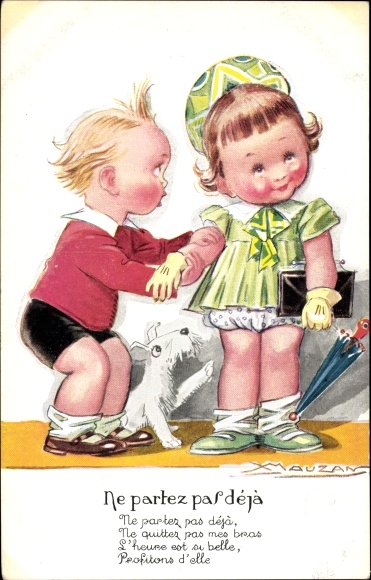 Artist Postcard Mauzan, Ne partez pas deja, children as adults, lovers, dog