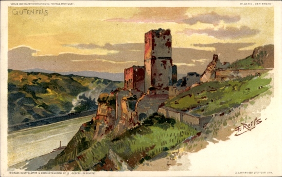 Artist Chromo-Litho Reiss, Fritz, Kaub am Rhein, Gutenfels Castle Ruins