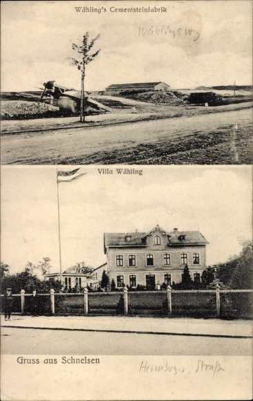 Postcard Hamburg Eimsbüttel Schnelsen, cement stone factory and Villa wahling