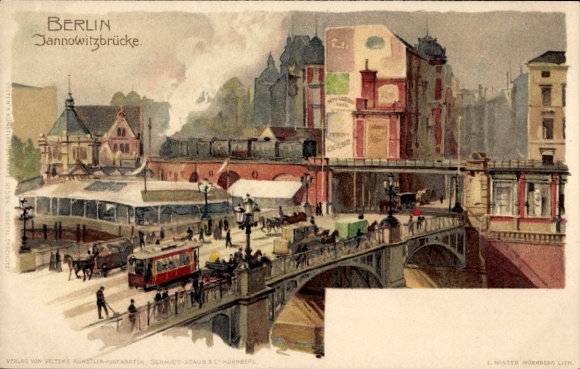 Artist Chromo-Litho Kley, Heinrich, Berlin Mitte, view over the Jannowitz Bridge, tram