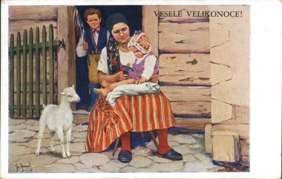 Artist PC Strnad, J., Happy Easter, woman with child, lamb, Slovak costume