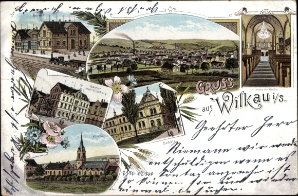 Chromo-Litho Wilkau Haßlau in Saxony, railway station, inn Stadt Kirchberg, school, church