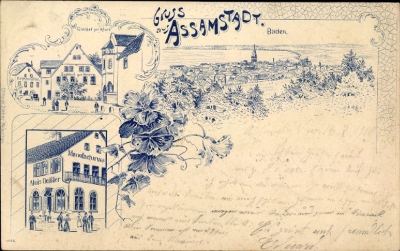 Chromo-Litho Assamstadt in Tauberfranken Baden, Gasthof zur Krone, Alois Deißler business building