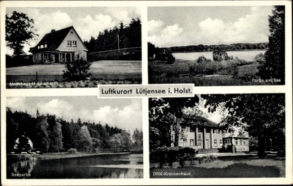 Postcard Lütjensee in Holstein, fashion house H. Eberhardt, lake party, DRK hospital