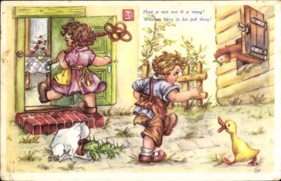 Artist Postcard children, farm, animals, cactus, chick, rooster