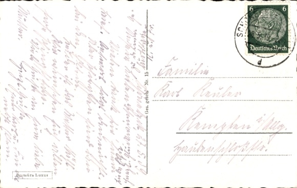 Postcard Salzelmen Schönebeck on the Elbe, Victoriaquelle, graduation tower, parking garage, Lindenbad with Solturm