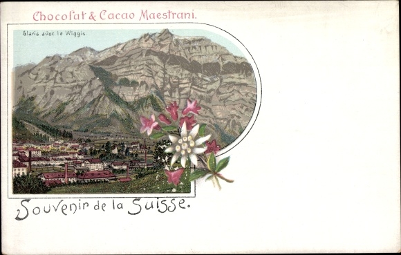lito Glarus Kt. Glarus Szwajcaria, Chocolat et Cacao Maestrani, reklama, Edelweiß
