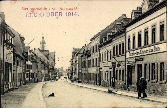 Ak Geringswalde Sachsen, Hauptstraße, Porzellan Manufaktur Max Stöbe, Geschäft Raimund Schneider