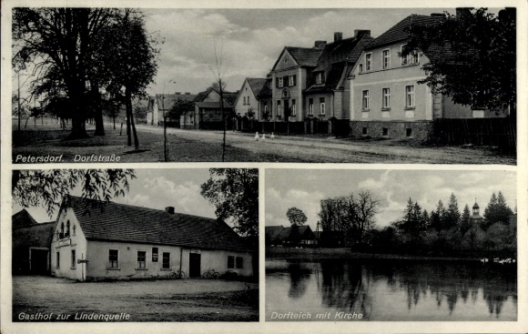 Ak Petersdorf Jacobsdorf Brandenburg, dorpsvijver, kerk, herberg aan de Lindenquelle, dorpsstraat