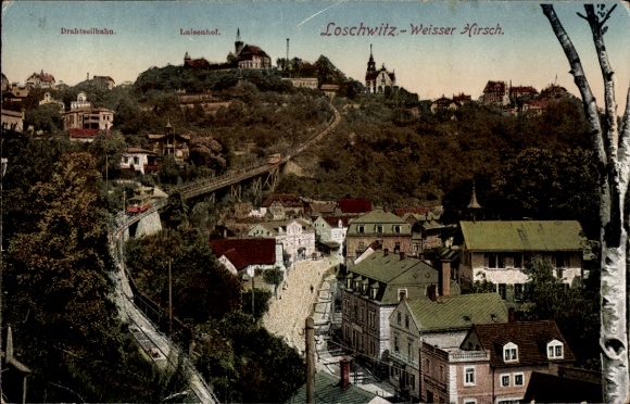 Ak Dresden Loschwitz Weißer Hirsch, Gesamtansicht, Drahtseilbahn, Luisenhof