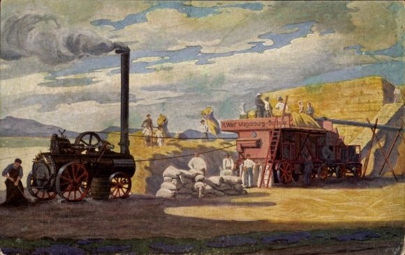 Artist Postcard Agriculture, Steam-powered threshing machine, R. Wolf Magdeburg Buckau