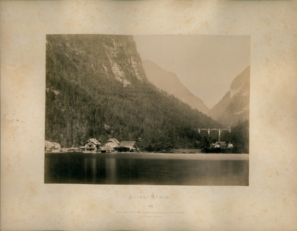 Photo around 1880, Gosaumühle Hallstatt in Upper Austria, panorama, lake, Gosauzwang brine line bridge