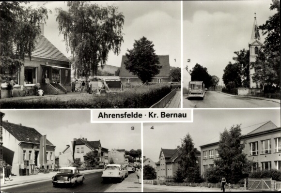 Postcard Ahrensfelde near Berlin, BHG sales point, bus terminus, Lindenberger Straße, secondary school
