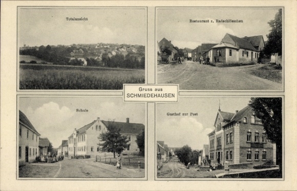 Ak Schmiedehausen in Thüringen, Totalansicht, Schule, Restaurant z. Radschlösschen, Gasthof zur P
