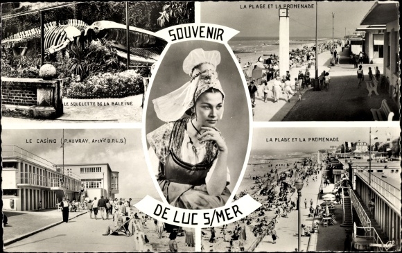 Postcard Luc sur Mer Calvados, The Beach, The Promenade, The Casino, Frau in Tracht, Walskelett
