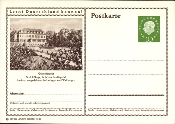 Ganzsachen Ak Gelsenkirchen im Ruhrgebiet, Schloss Berge
