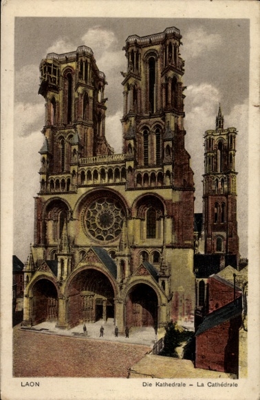 Postcard Laon Aisne, cathedral, brick building, rose window, architecture, field PC
