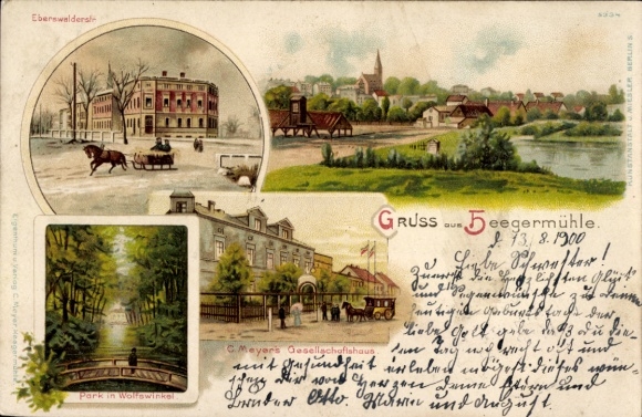 Litho Heegermühle Finow Eberswalde, Eberswalder Straße, Park Wolfswinkel, Gesellschaftshaus C. Meyer