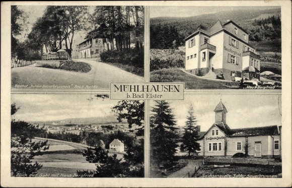 Postcard Mühlhausen Bad Elster Vogtland, Gasthof Sole Sauerbrunnen, Haus Bergfried, Sachsenquelle