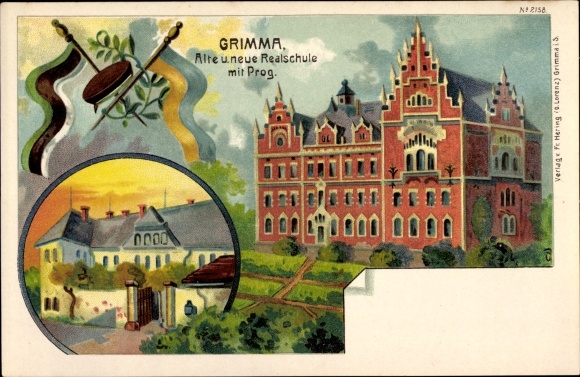 Chromo-Litho Grimma in Saxony, Old and New Realschule with Progymnasium, No. 2158