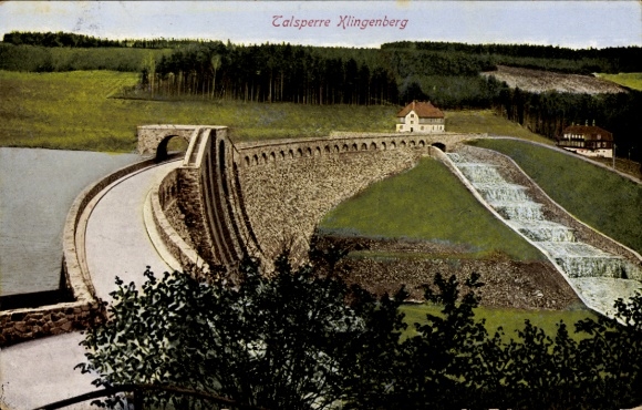 Postcard Klingenberg in the Ore Mountains of Saxony, dam, landscape, waterfalls, buildings, forest