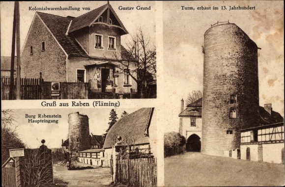 Postcard Raben Rabenstein im Fläming, grocery store, Rabenstein Castle, tower