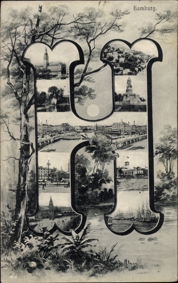 Letters Postcard Hamburg, H, cityscapes, town hall, port, train station