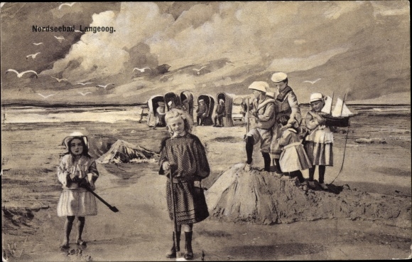 Postcard Nordseebad Langeoog Ostfriesland, children on the beach