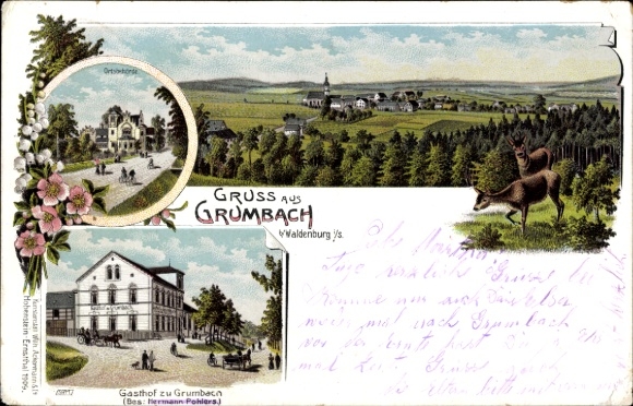 Chromo-Litho Grumbach Callenberg in Saxony, panorama, inn, deer