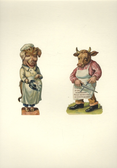 2 wafers pig as cook, ox as butcher, size each approx. 12.5 x 5.5 cm