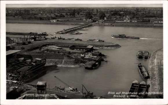 Postcard Breisach am Oberrhein, Rhine harbor and ship bridge