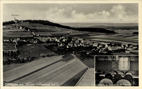 Ak Offingen Uttenweiler in Baden Württemberg, Luftaufnahme, Bussen,  Gasth. z. Petrus v. F. Fiese