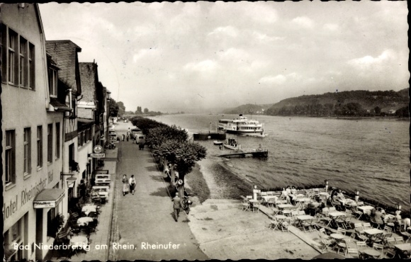 Postcard Niederbreisig Bad Breisig am Rhein, Rhine riverbank, Hotel Rheinischer Hof, steamship