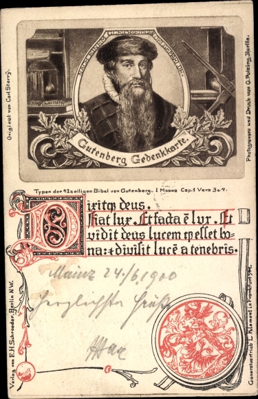 Ak Johannes Gutenberg, Typen der Bibel I. Moses Cap. 1 Vers 3 u. 4