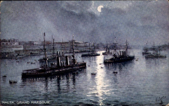 Artist Postcard Malta, Great Harbor at Night, Warships