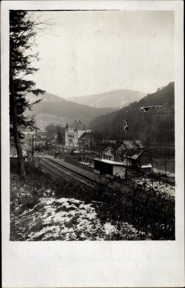 Photo Postcard Stambach Elsass Bas Rhin, town view with train station, track side