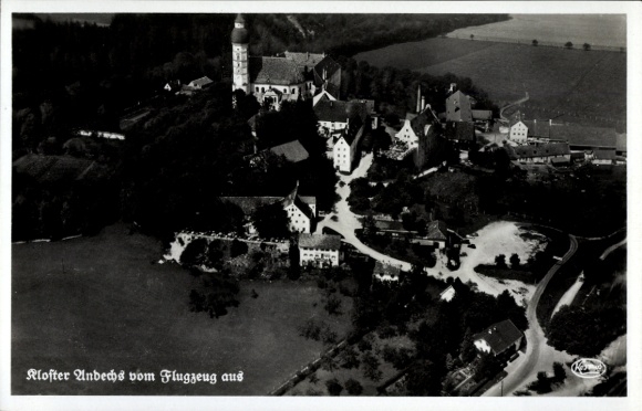 Postcard Andechs am Ammersee, Andechs Monastery, aerial view of Klofter Monastery landscape