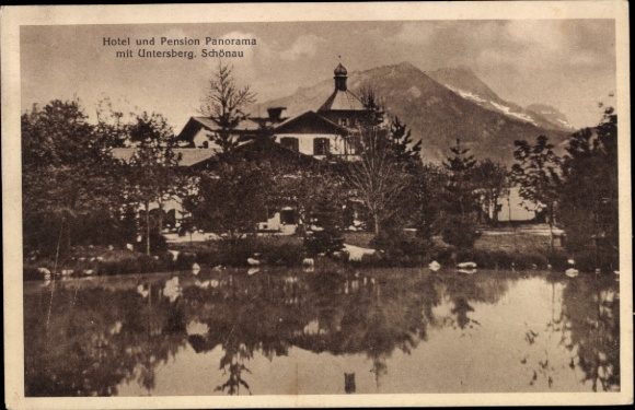 Postcard Schönau am Königssee Upper Bavaria, Hotel and Pension Panorama, Untersberg, water surface, trees