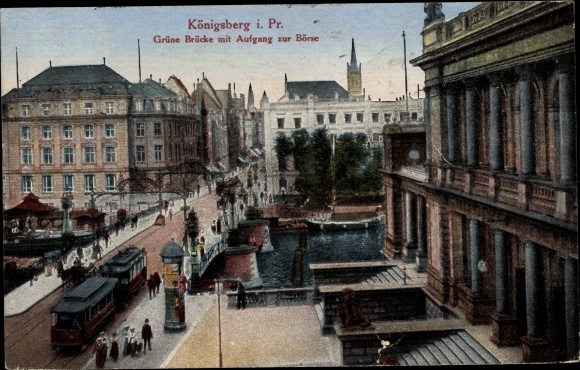 Postcard Kaliningrad Königsberg East Prussia, green bridge with access to the stock exchange, tram