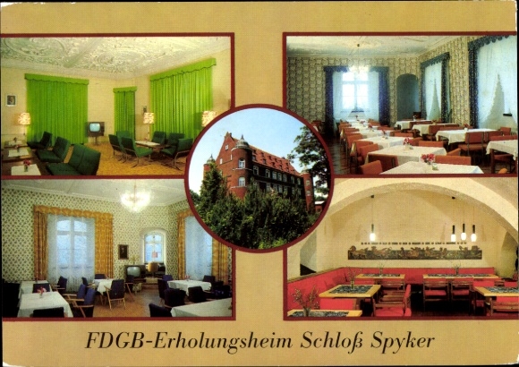 Postcard Glowe Island of Rügen in the Baltic Sea, FDGB recreation home Schloss Spyker, club room