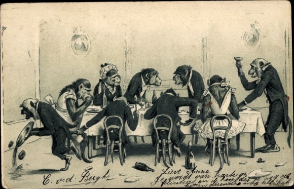 Emboss Chromo-Litho Monkeys in suits at the table with champagne, waiters, humanities