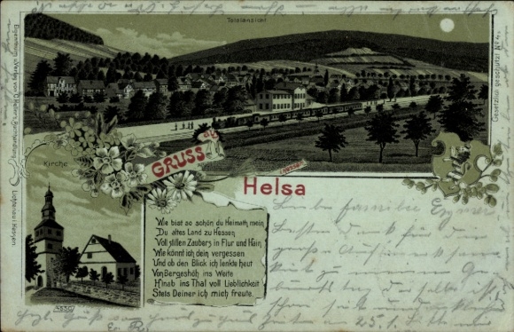 Moonlight Chromo-Litho Helsa in Hesse, general view, church, poem