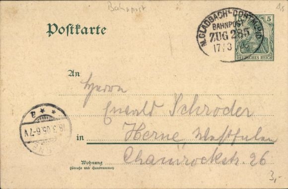 Stempel pocztowy kolei M.Gladbach - Dortmund, pociąg 285, 17 marca 1905, na pocztówce stacjonarnej