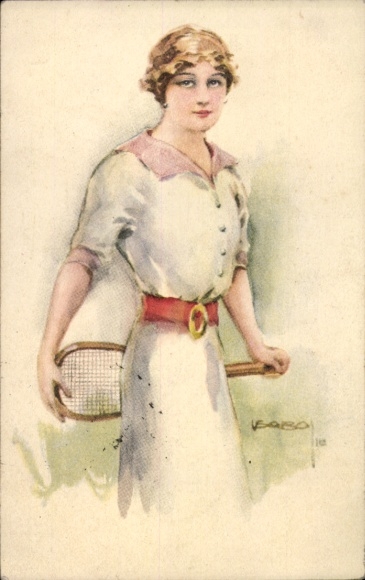 Künstler Ak Usabal, Frau mit Tennisschläger, Weißes Kleid
