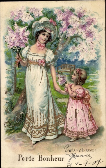 Embossed Postcard lucky charm, woman and girl, blooming lilac