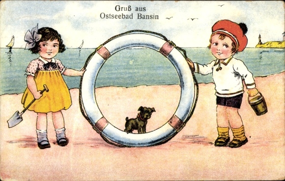Postcard Ostseebad Bansin on Usedom, children, small dog, lifebuoy, beach