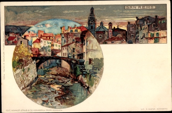 Artist Chromo-Litho Wielandt, Manuel, San Remo Liguria, city panorama at dusk, bridge