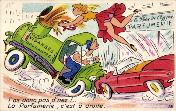 Artist Postcard Woman in red car collides with a tanker, Parfumerie