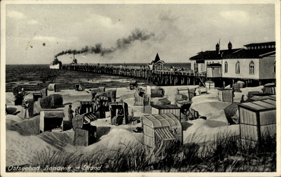 Postcard Ostseebad Zinnowitz on Usedom, Ostseebad Zinnowitz beach, steamers, beach chairs, cabins