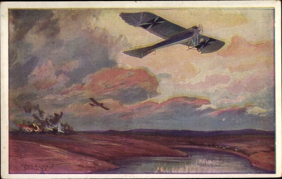 Artist PC Schulze, Hans Rudolf, military pigeon on reconnaissance flight at the Masurian lakes, I. WW